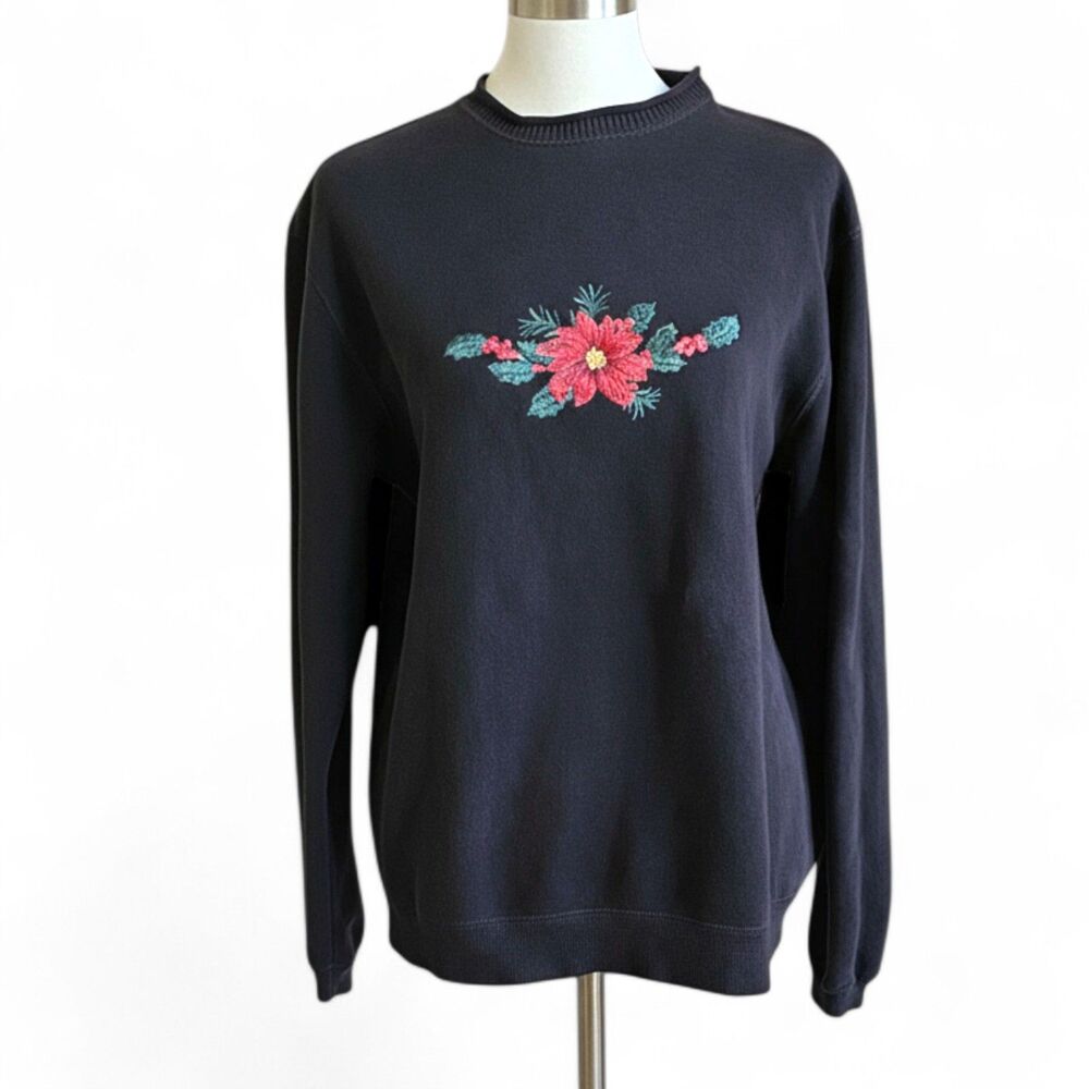 Vintage 90s Classic Elements Floral Embroidered Fleece Sweater S Cozy Holiday